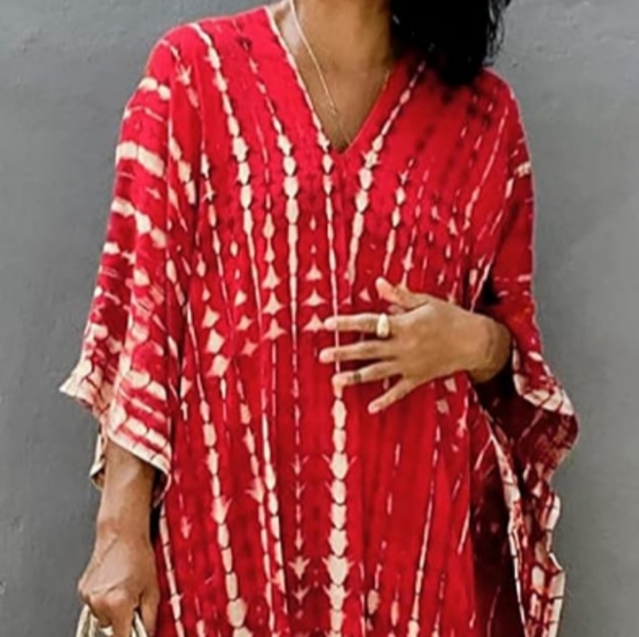 Red Tie Dye Hippie Boho Kaftan Long Loose Maxi Dress Bohemian V Neck Caftan New - Picture 10 of 13